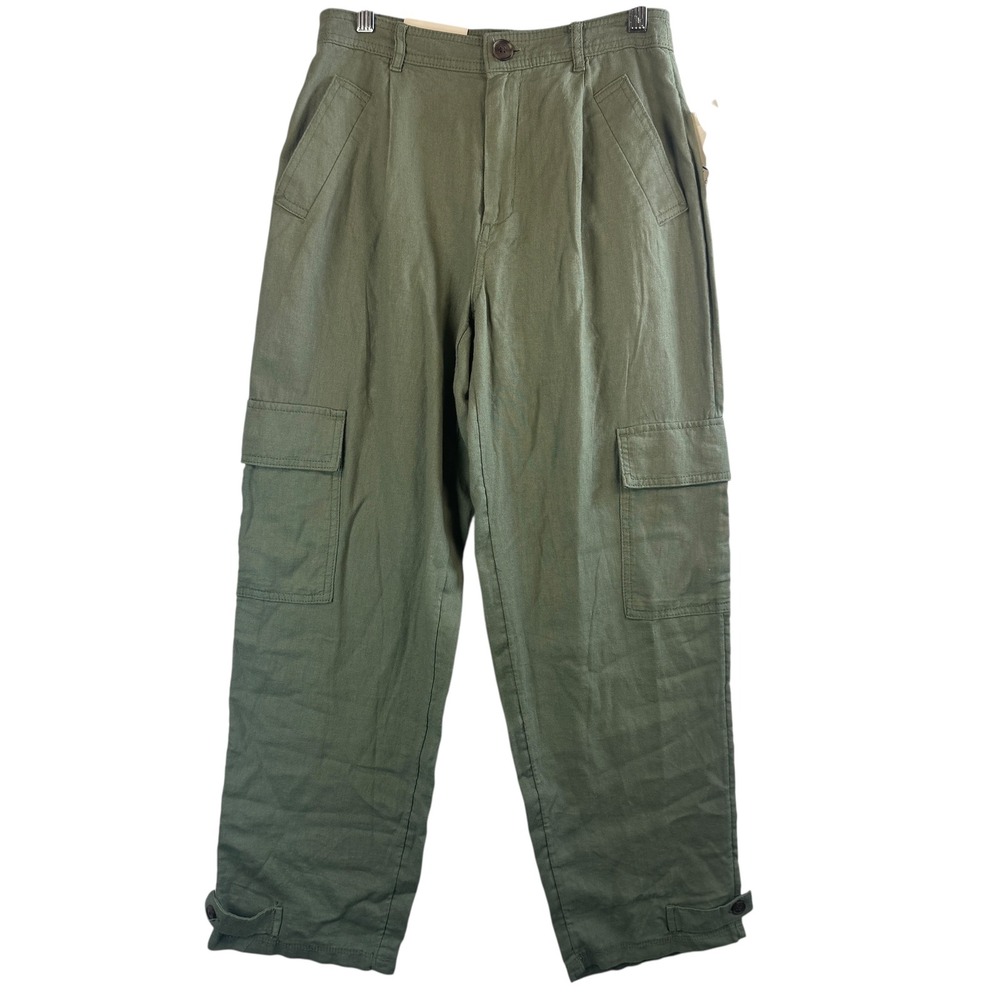 Womens 4R Olive Green Linen Blend Cargo Pants‎ High Rise Straight Ankle Utility